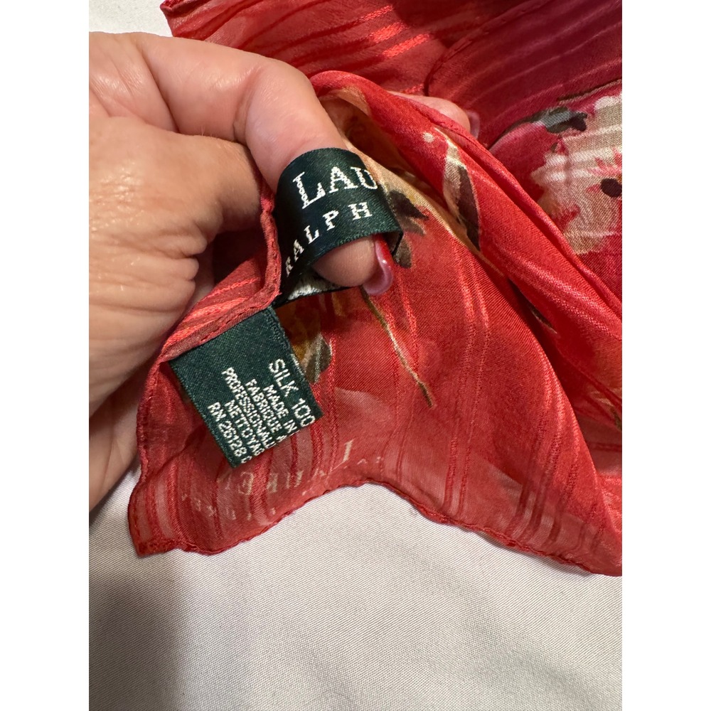 Lauren Ralph Lauren Silk Scarf Red Floral Striped Sheer Lightweight Accessory - Picture 4 of 6